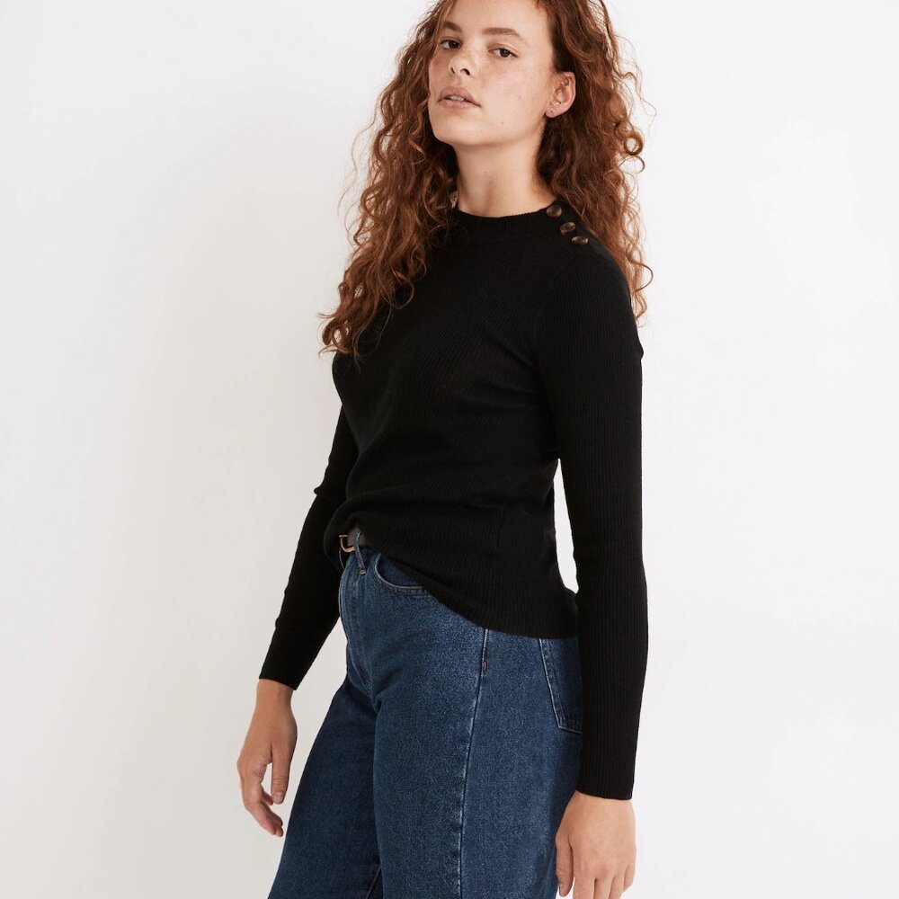NWT Madewell Hollyridge Ribbed Button-Shoulder Sweater in true black - S